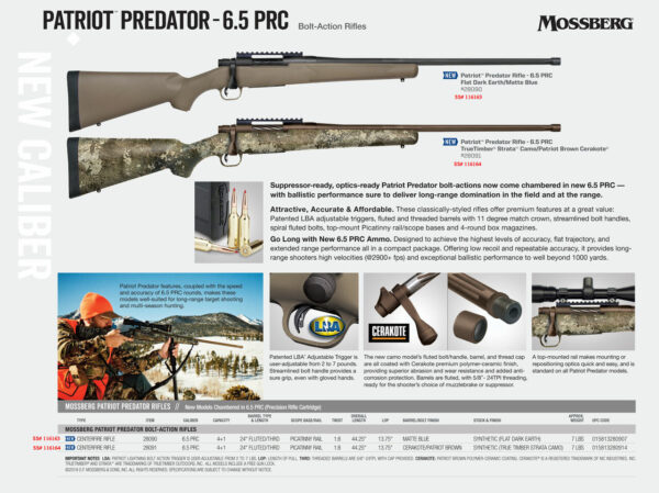 Mossberg Patriot, Predator, Bolt Action, 6.5 PRC, 24" Fluted Threaded Barrel, Brown Finish, Syntheic Strata Camo Stock, Adj. Trigger, Picatinny, Oversized Handle, Box Magazine, 5rd