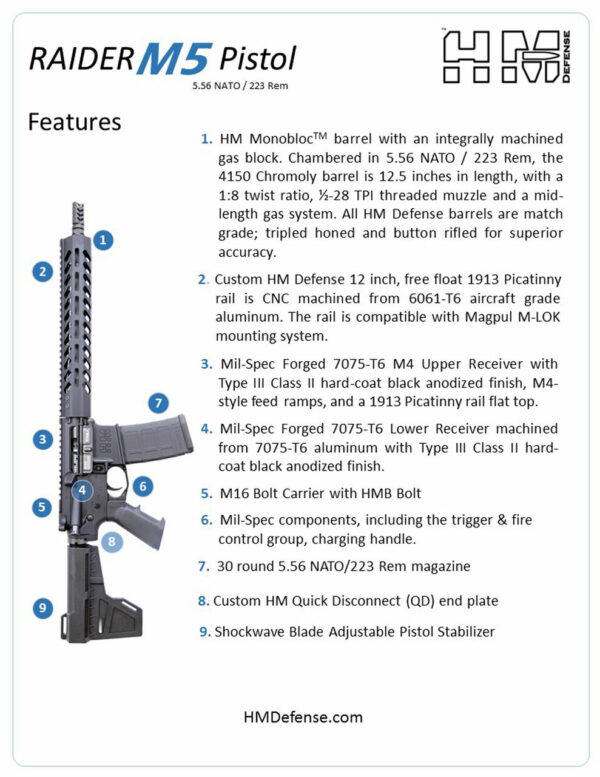 HM Defense Raider M5AR 223 Rem/5.56mm, 12.5" MONOBLOC Barrel, Midlength Gas System, Integral Gas Block, 1:8 Twist, Muzzle Brake, Black, Anodized, 10 3/8" Free Float Rail, M-LOK, Shockwave 2.0 Brace