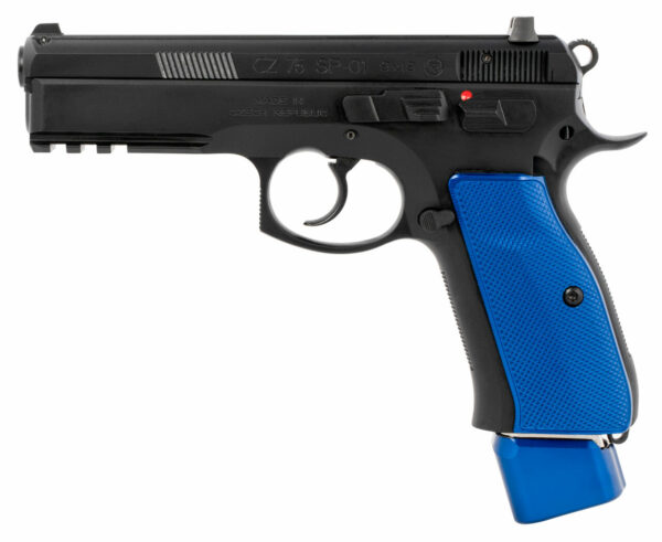CZ 75 SP-01 9mm, 4.60" Bbl,, Rnd, Black Slide, Blue Henning Grips, 22 rd