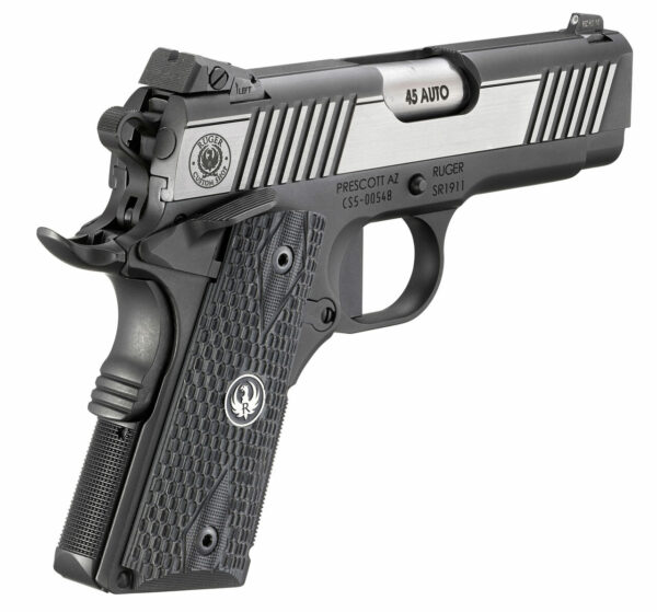 Ruger SR1911 Officer-Style 45ACP, 3.6" Barrel, Steel Frame, Two-Tone Finish, 7Rd, Ambi Safety, Tritium Front Sight, Adjustable Rear Sight, Deluxe G10 Grips