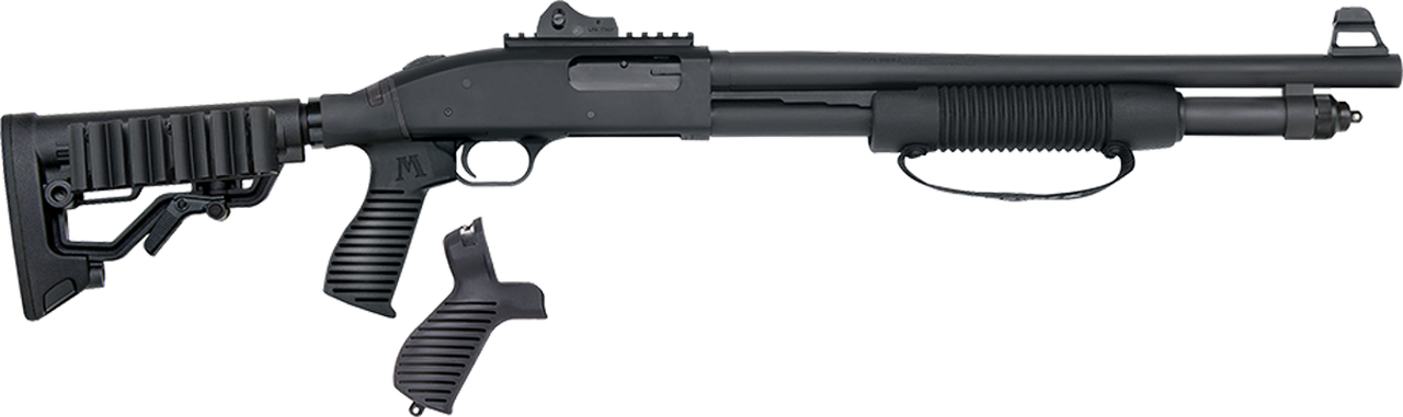 Mossberg 590, SPX 12 Ga, 3" Chamber, 18.5" Cylinder Barrel, Blue Finish, Flex Rear End with Adjustable Stock and Pistol Grip, Picatinny Rail, 7Rd, LPA Ghost Ring Rear - Winged Fiber Optic Front Sights, Corn Cob Forend with Strap