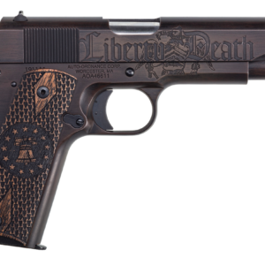 Auto Ordnance Liberty Edition Full Size 1911, 45 ACP, 5" Barrel, Steel Frame, Black/Brown Custom Cerakote Engraved Goncalo Wood Grips, 7Rd Mag