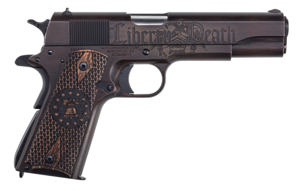 Auto Ordnance Liberty Edition Full Size 1911, 45 ACP, 5" Barrel, Steel Frame, Black/Brown Custom Cerakote Engraved Goncalo Wood Grips, 7Rd Mag