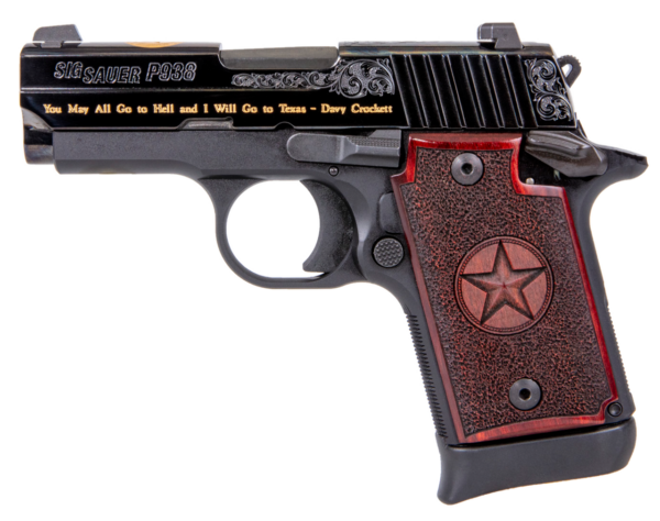 Sig P938 Texas Engraved Gold 9mm 3"Barrel, Black, Gold Engraving Slide, Black Frame, Redwood Grip, 6rd-7rd Mags