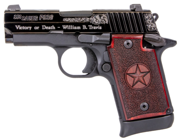Sig P938 Texas Engraved Silver 9mm 3"Barrel, Black, Silver Engraving Slide, Stainless, Redwood Grip, 6rd-7rd Mags