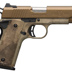Browning, 1911-380, Black Label Speed, Semi-automatic, Full Size, 380 ACP, 4.25" Barrel, Burnt Bronze Color, Cerakote Finish, Polymer Frame, Right Hand, A-TACS AU Camo Composite Grips, Ambidextrous Thumb Safety, White 3 Dot Sights, 8Rd