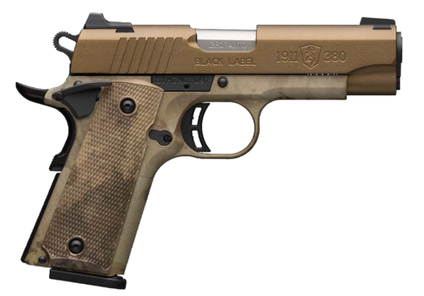 Browning, 1911-380, Black Label Speed, Semi-automatic, Full Size, 380 ACP, 4.25" Barrel, Burnt Bronze Color, Cerakote Finish, Polymer Frame, Right Hand, A-TACS AU Camo Composite Grips, Ambidextrous Thumb Safety, White 3 Dot Sights, 8Rd