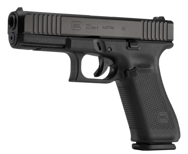 Glock 22 Gen5, Striker Fired, Full Size, 40S&W, 4.49" Marksman Barrel, Polymer Frame, Matte Finish, Fixed Sights, 15Rd, 3 Magazines, Ambidextrous Slide Stop Lever, Flared Mag Well, nDLC Finished Slide and Barrel, No Finger Grooves