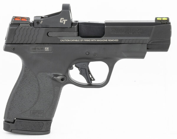 Smith & Wesson, Shield Plus, Performance Center, Includes Crimson Trace Red Dot, Striker Fired, Micro Compact, 9mm, 4" Barrel, Optics Ready, Polymer Frame, No Thumb Safety, Fiber Optic Sights, Flat Face Trigger, 2 Mags, 1-10Rd 1-13Rd, Black