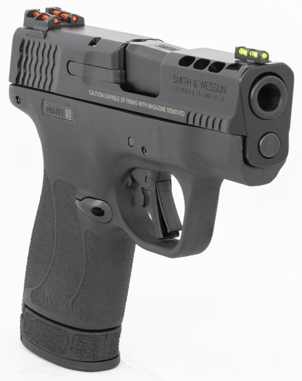 Smith & Wesson, Shield Plus, Performance Center, Striker Fired, Micro Compact, 9mm, 3.1" Ported Barrel, Polymer Frame, Thumb Safety, Fiber Optic, Flat Face Trigger, 2 Mags, 1-10Rd 1-13Rd, Black