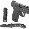 Smith & Wesson, Shield Plus, Performance Center, Includes EDC Kit - Oasis Liner Lock Folding Knife & Delta Force CS LED Flashlight, Striker Fired, Micro Compact, 9mm, 3.1" Ported Barrel, Polymer Frame, Thumb Safety, Fiber Optic Sights, Flat Face Trig