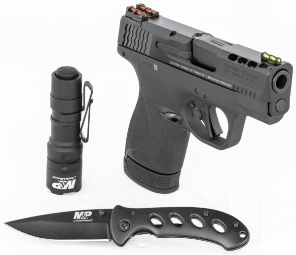Smith & Wesson, Shield Plus, Performance Center, Includes EDC Kit - Oasis Liner Lock Folding Knife & Delta Force CS LED Flashlight, Striker Fired, Micro Compact, 9mm, 3.1" Ported Barrel, Polymer Frame, Thumb Safety, Fiber Optic Sights, Flat Face Trig