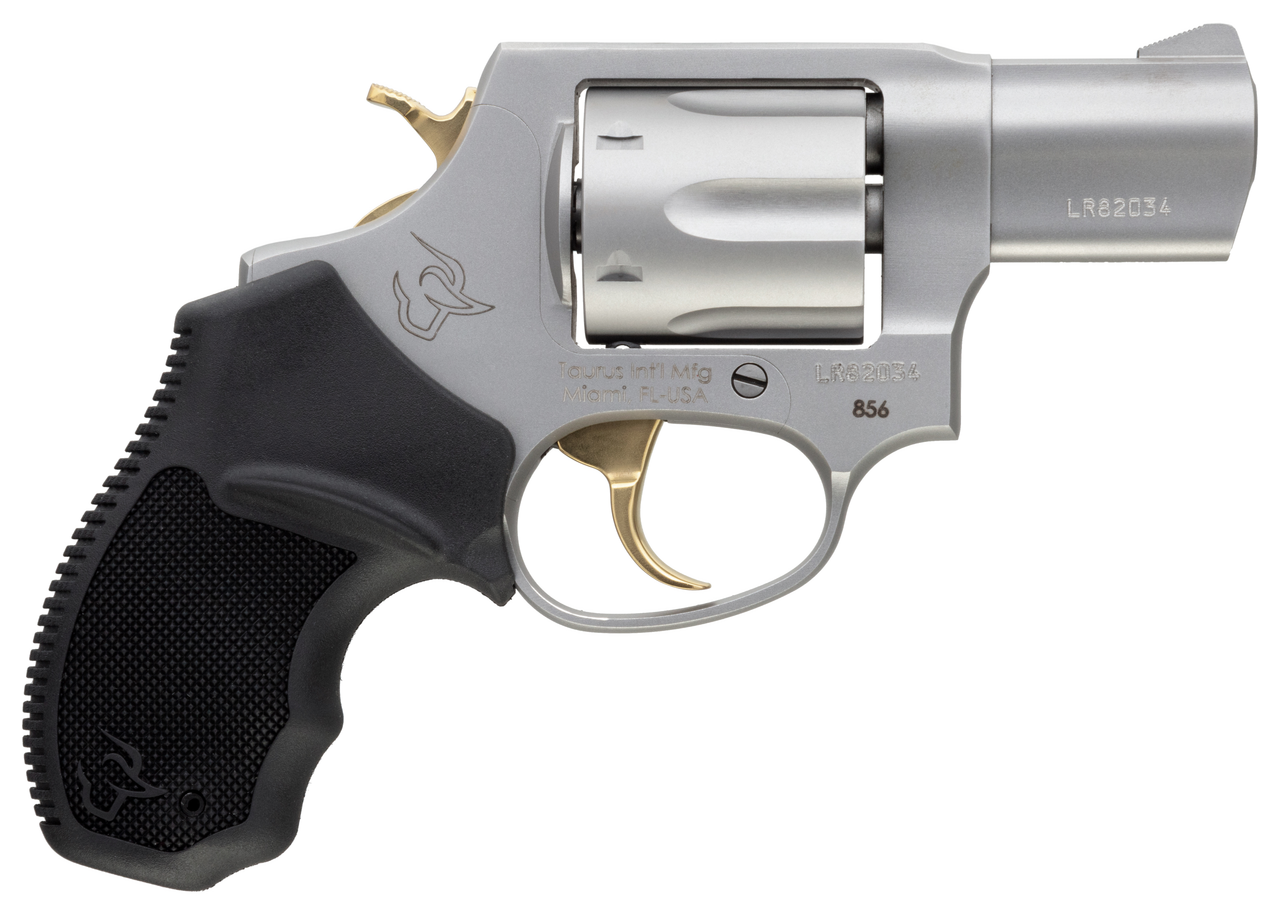 Taurus 856 .38 Spl, 2" Barrel, Stainless Steel, Gold Trigger/Hammer, Black Rubber Grip, 6rd - Concealed Carry Guns | The Gun Shop