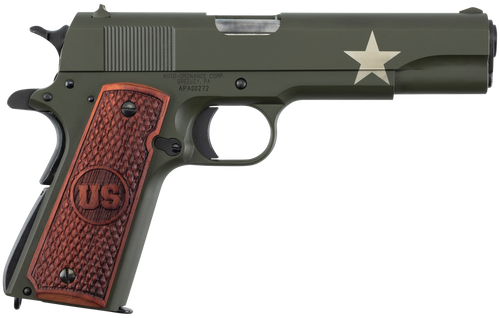 Auto-Ordnance 1911 Tanker 45 ACP, 5" Barrel, Olive Drab Green with Sherman Tank Star, Checkered US Engraved Wood Grip, 7rd - 1911 Guns | The Gun Shop