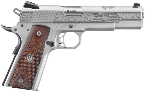 Ruger SR1911 75th Anniversary 45 ACP, 5" Barrel, Engraved Stainless Steel, Engraved Hardwood Grip, 8rd - 1911 Guns | The Gun Shop