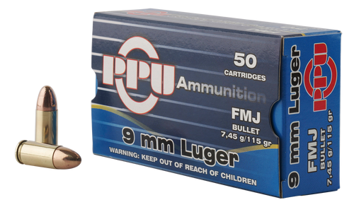 PPU Ammunition 9mm, 115gr, Full Metal Jacket, 50rd Box - Ammo | The Gun Shop