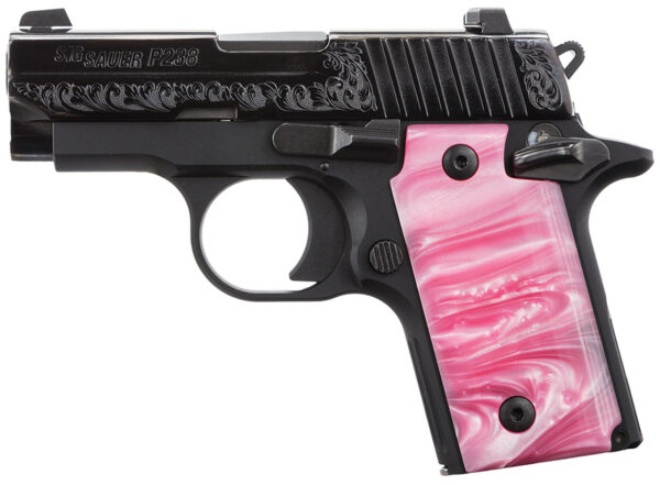 SIG P238 ESP Microcompact .380Acp 2.7 Barrel Siglite Night Sights Polished & Engraved Nitron Slide Pink Pearlite Grips 6 Round Mag