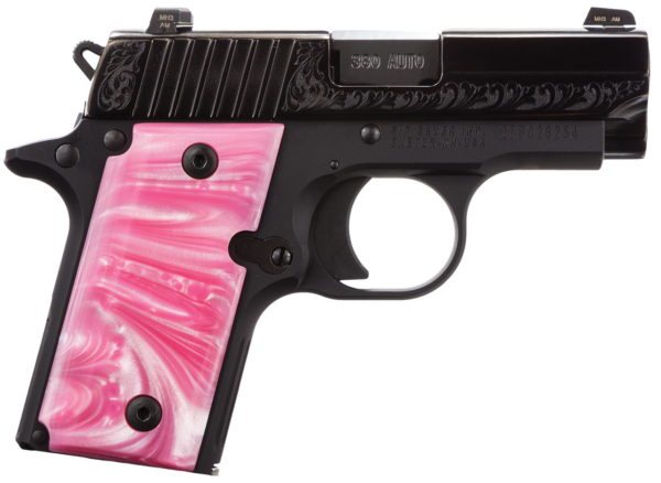 SIG P238 ESP Microcompact .380Acp 2.7 Barrel Siglite Night Sights Polished & Engraved Nitron Slide Pink Pearlite Grips 6 Round Mag