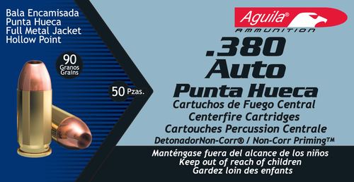 Aguila Ammunition 380 ACP, 90gr, Jacketed Hollow Point, 50Bx/20Cs - Aguila Ammunition | The Gun Shop