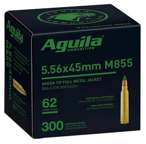 Aguila Green Tip M855 5.56x45mm, 62gr, FMJ Boat-Tail, 300Box/4Cs - Aguila Ammunition | The Gun Shop