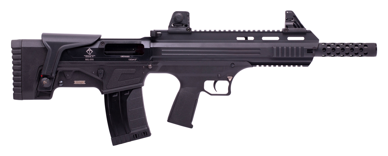 American Tactical, Bulldog, Semi-automatic Shotgun, Bullpup, 12 Ga 3", 18.5" Barrel, Iron Sights, AR Style Charging Handle, 3-Piece Choke Tube Set, Adjustable Cheek Rest, Picatinny & M-Lok Rail, 5Rd, Black