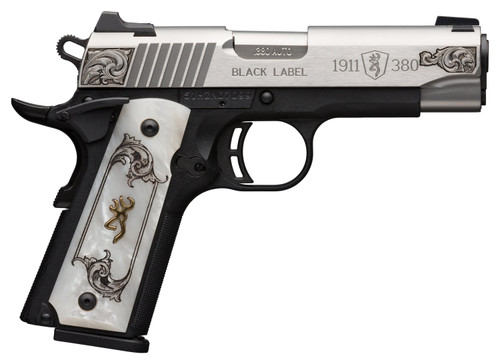 Browning 1911-380, Medallion 380 ACP, 3.63" Barrel, Buckmark Imitation Pearl Grip, Black Frame, Stainless Steel Slide, 8rd - 1911 Guns | The Gun Shop