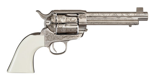 Cimarron Frontier 45 LC, 5.5" Barrel, Engraved Nickel, White Grips, 6rd - Cimarron Firearms | The Gun Shop
