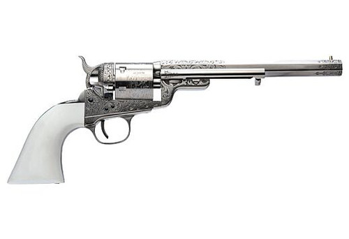 Cimarron Richards-Mason 1851 38 Special, 7.5" Barrel, Engraved Nickel, Ivory Grips, 6rd - Cimarron Firearms | The Gun Shop