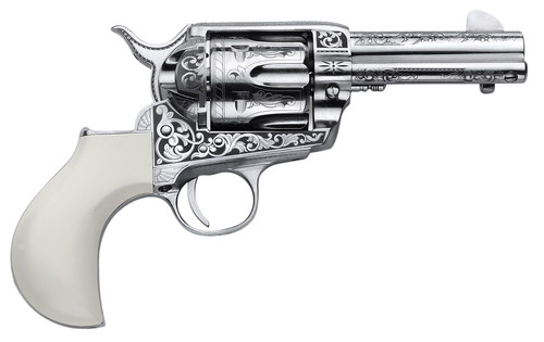Cimarron Huckleberry 45 Colt, 3.5" Barrel, Engraved Nickel, Ivory "Huckleberry" Grip, 6rd - Cimarron Firearms | The Gun Shop