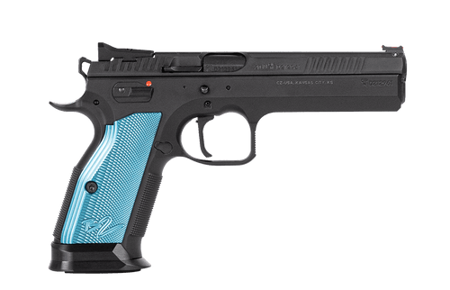 CZ 75 TS2 9mm, 5.28" Barrel, Cyan Grip, Black Frame, 10rd - CZ USA | The Gun Shop