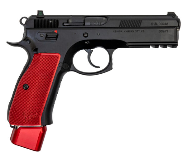 CZ 75 SP-01 9mm, 4.6" Barrel, Black / Red Henning Aluminum Grip/Mag Cap, 22rd