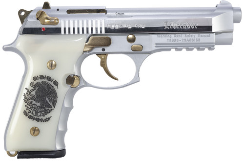 Girsan Regard Liberador 9mm, 4.9" Barrel, White Engraved Ivory Grips, Gold Accents, 18rd - Collector Guns | The Gun Shop