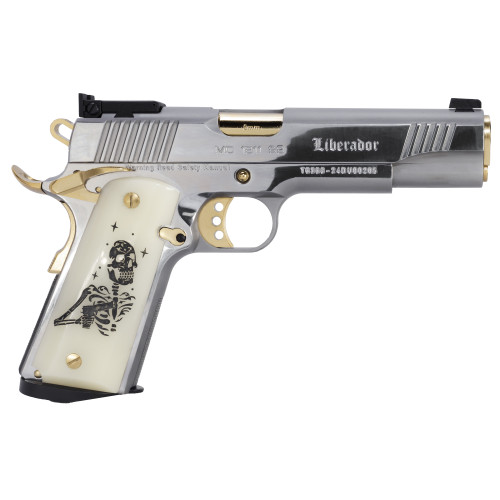 Girsan MC1911 Liberador III 9mm, 5" Barrel, Silver w/ Gold Trim, Engraved Pearl Grip, 10rd - 1911 Guns | The Gun Shop