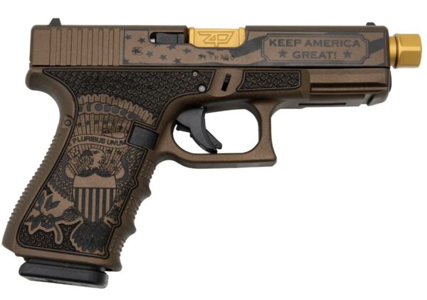 Glock 19 Gen 4 9mm, TRUMP Custom, 4" Threaded Barrel, Burnt Bronze W/ Engraving, 15rd