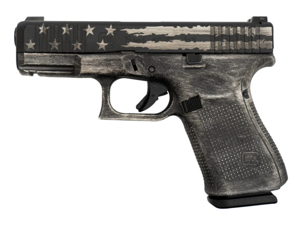 Glock 19 Gen5 AUS 9mm, 4" Barrel, Glock Night Sights, Brushed Silver/Black Flag, 15rd