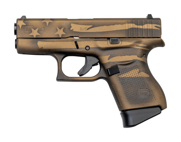 Glock 43 USA 9mm, 3.39" Barrel, Fixed Sights, Battleworn Bronze Distressed Flag, 6rd