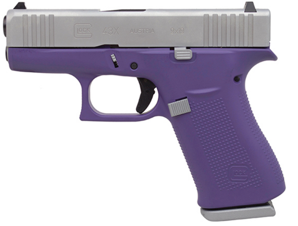 Glock 43X Subcompact 9mm, 3.41" Barrel, Silver/Bright Purple, Fixed Sights, 2x10rd Mags