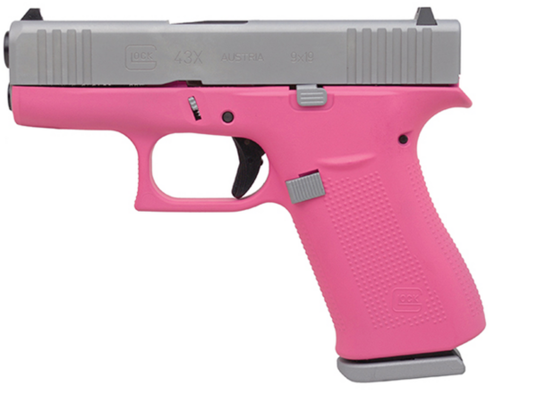 Glock 43X Subcompact 9mm, 3.41" Barrel, Silver/Prison Pink, Fixed Sights, 2x10rd Mags