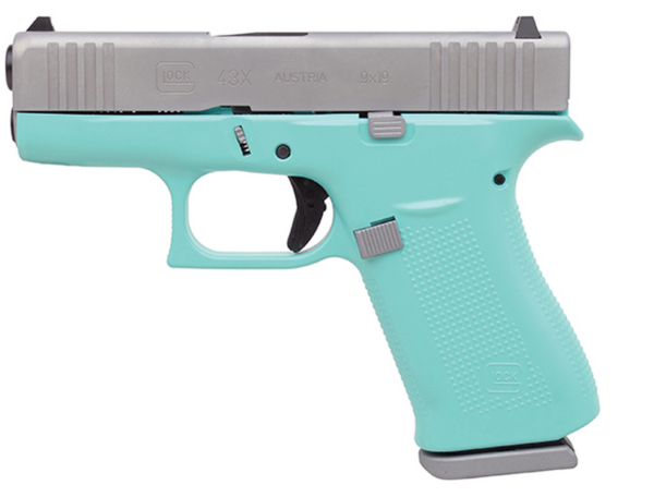 Glock 43X Subcompact 9mm, 3.41" Barrel, Silver/Robin Egg Blue, Fixed Sights, 2x10rd Mags