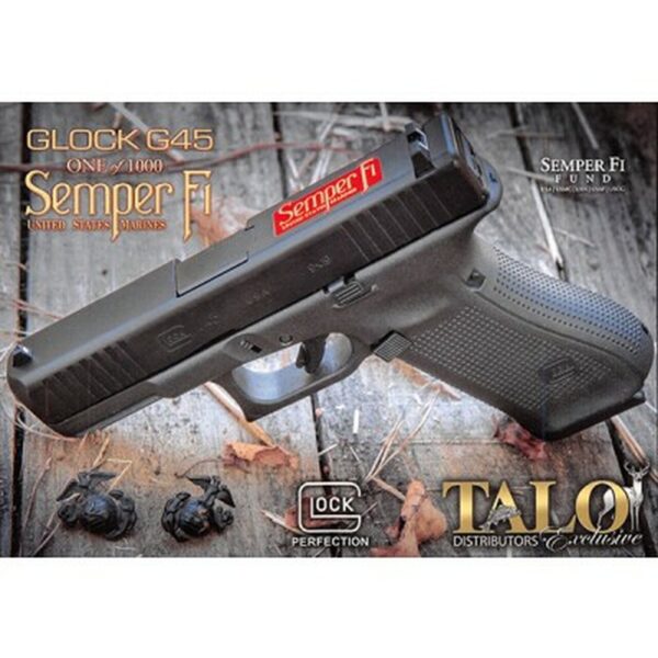 Glock G45 Semper Fi Limited Edition Gen 5 MOS, 9mm, 4" Jewelled Barrel, 10rd, Specially Polished Bright Blue w/ 24kt Gold Script, TALO