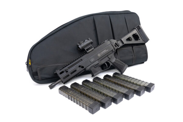 Grand Power Stribog Peace Keeper Package, SP9A1 Gen2, 9mm, 8" Barrel, Sig Romeo-MSR, Folding SB Tactical Brace, Black, 6 x 30rd Magazines, US Peace Keeper SMG/SBR Case