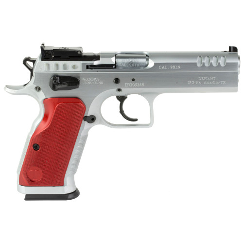 Tanfoglio Stock II 9mm, 4.45" Barrel, Silver, Red Grip, 17rd - Firearm | The Gun Shop