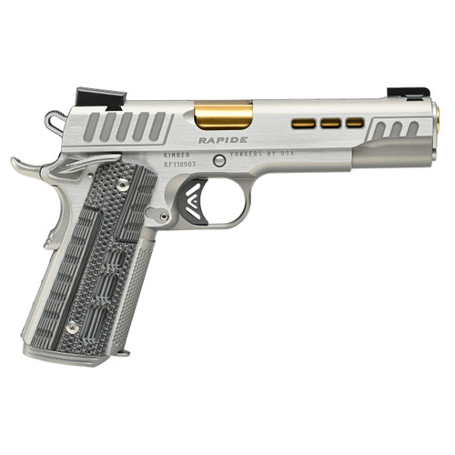 Kimber Rapide Dawn, 1911 45 ACP, 5" Barrel, Gold TiN Finish, TRUGLO TFX Tritium/Fiber-Optic Sights, Black/Gray G10 Grips, Manual Safety, 8rd, 1 Magazine, California Compliant - 1911 Guns | The Gun Shop