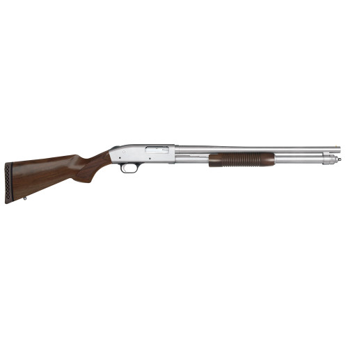 Mossberg 590 Security 12 Ga, 3" Chamber 20" Barrel, Chrome Barrel/Rec, Walnut Furniture, 8rd - Firearm | The Gun Shop