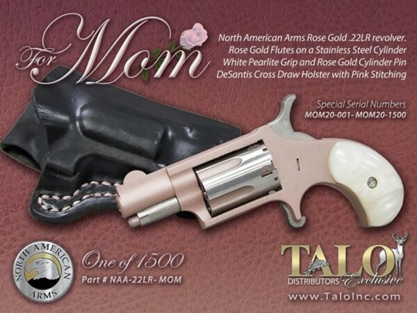 North American Arms MOM Mini Revolver 22LR 1/1/8" Barrel Rose Gold, White Pearl Grips, With Holster