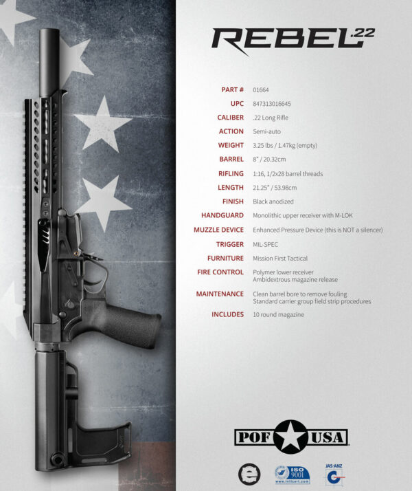 POF Rebel Pistol .22 LR, 8" Barrel, MFT Brace, Black, 10rd