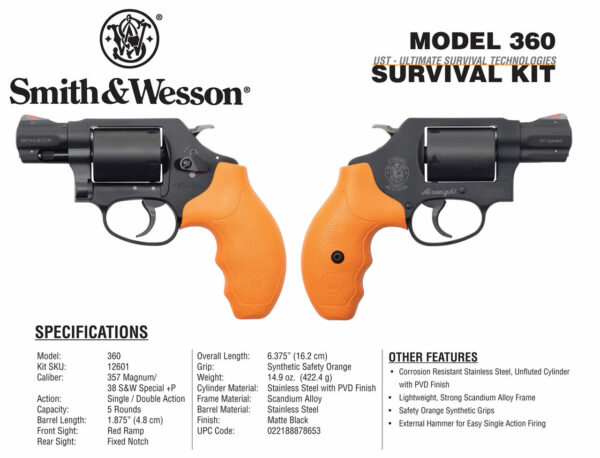 Smith & Wesson 360 Survival Kit, 357 Mag/38 Spl, 1.875" Barrel, 5rd, Safety Orange Grips, Black Frame/Cylinder, Survival Supplies