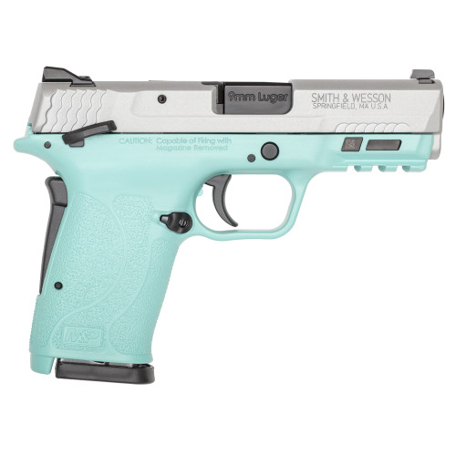 Smith & Wesson M&P9 Shield EZ M2.0 9mm, 3.68" Barrel, Robins Egg Blue Frame, Silver Slide, Manual Safety, 8rd - Concealed Carry Guns | The Gun Shop