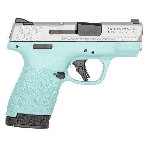 Smith & Wesson M&P Shield Plus 9mm, 3.1" Barrel, Robins Egg Blue Frame, Silver Slide, Manual Safety, 13rd - Concealed Carry Guns | The Gun Shop
