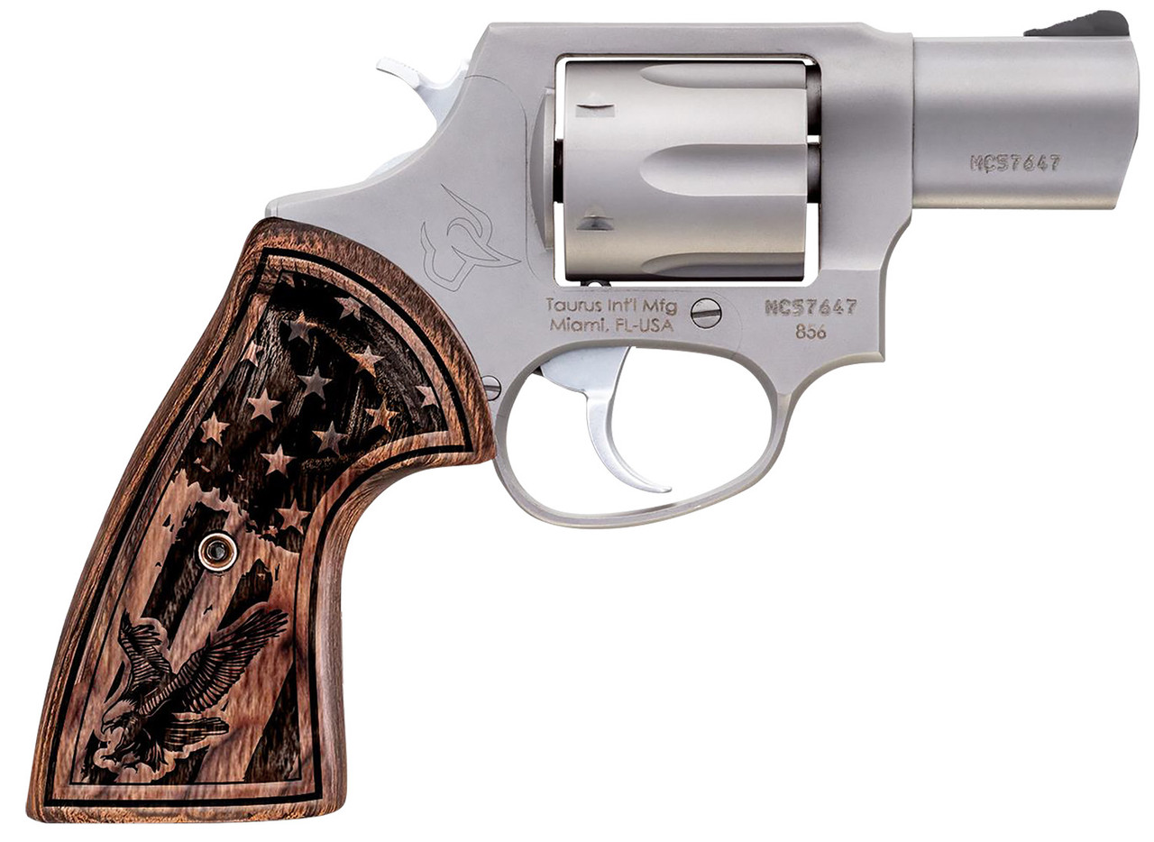 Taurus 856 38 Special +P, 2" Barrel, Stainless Steel, Engraved USA Flag Walnut Grip, 6rd - Taurus | The Gun Shop